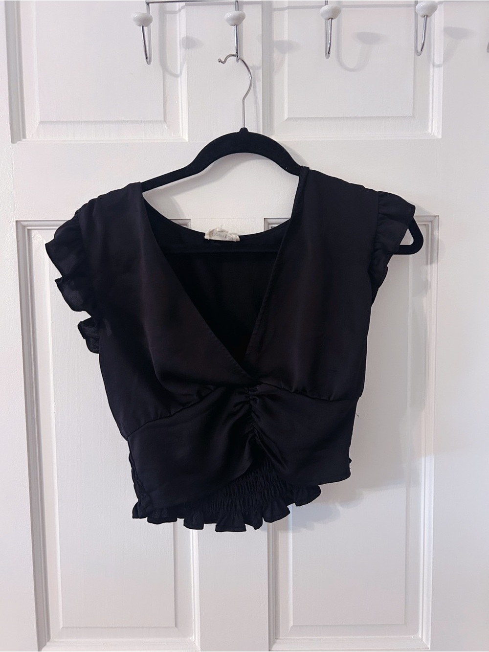 women’s black V-Neck Ruched Crop Top by Open Edit